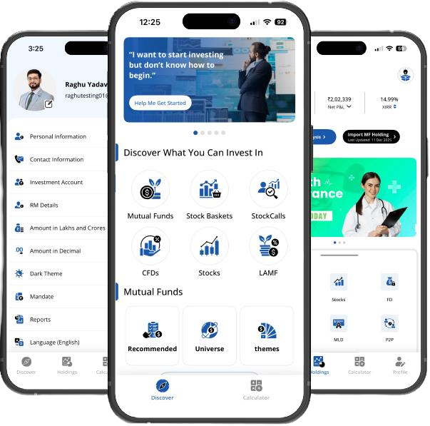 Muvesta Capital mobile app — Discover, Holdings and Profile screens